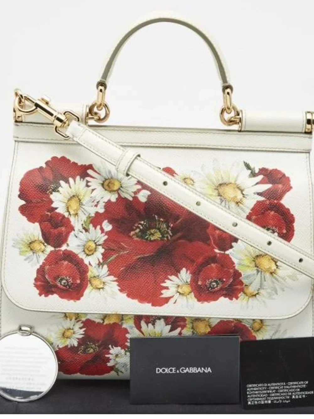 Dolce & Gabbana White Top-Handle Satchel with Red Poppy and Yellow Daisy Print